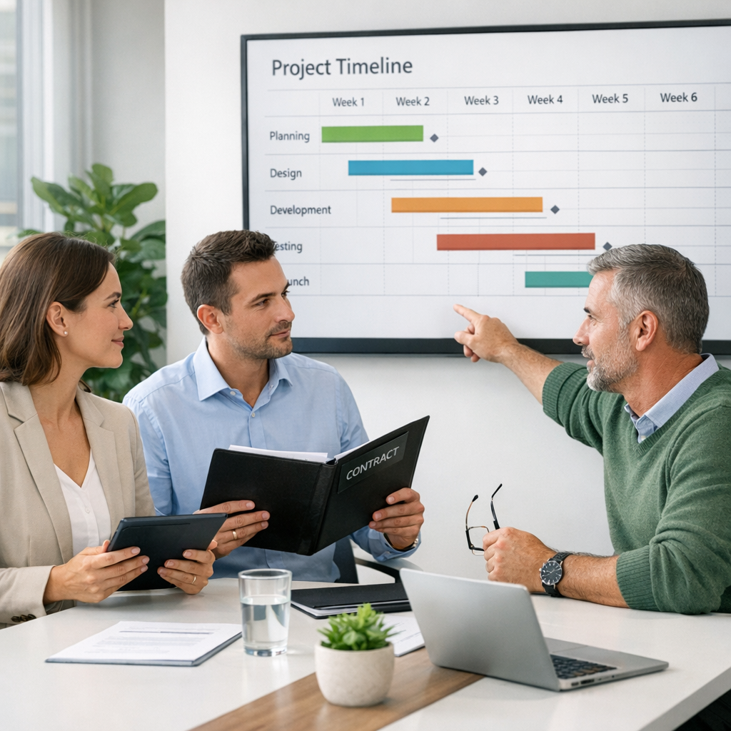 Independent Solar | Why Solar Installers Have Poor B2B Communication, and How to Fix It Photorealistic mid-shot of a small cross-functional meeting: project manager with tablet, salesperson with contract folder...