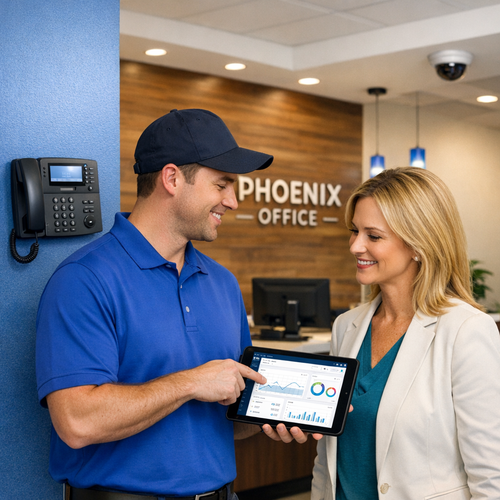 Network System Solutions | phoenix managed it services for small business, Local MSP AZ Photorealistic mid-article image of a Phoenix office reception area with a wall-mounted VoIP phone, a small security camer...