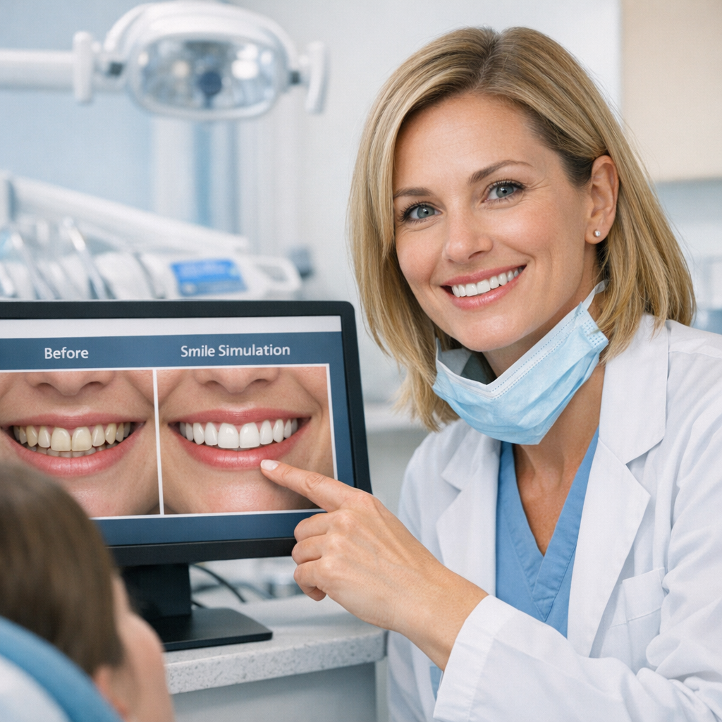 Close-up photorealistic image of a female dentist (American) reviewing a digital smile simulation with a patient in a brig...