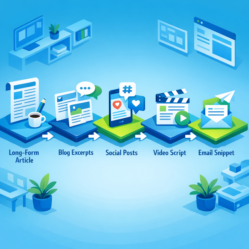 Isometric modern illustration of a content pipeline, showing stages: long-form article, blog excerpts, social posts, video...