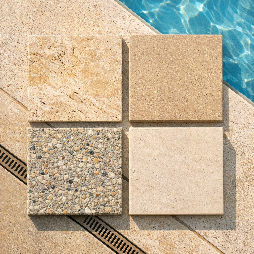 Close-up, photorealistic image of four material samples laid on a modern pool deck edge, showing travertine, porcelain pav...