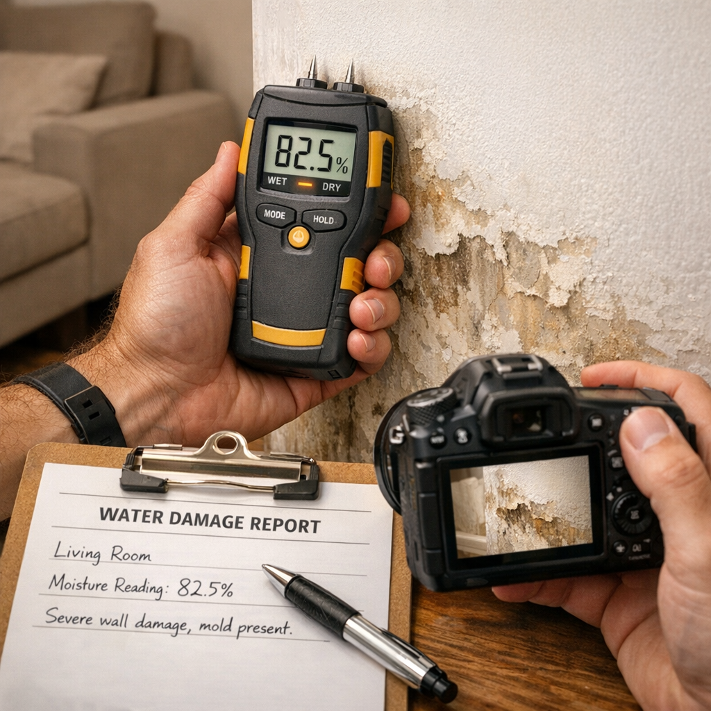 Close-up photorealistic shot of a technician documenting water damage inside a living room with a moisture meter and camer...