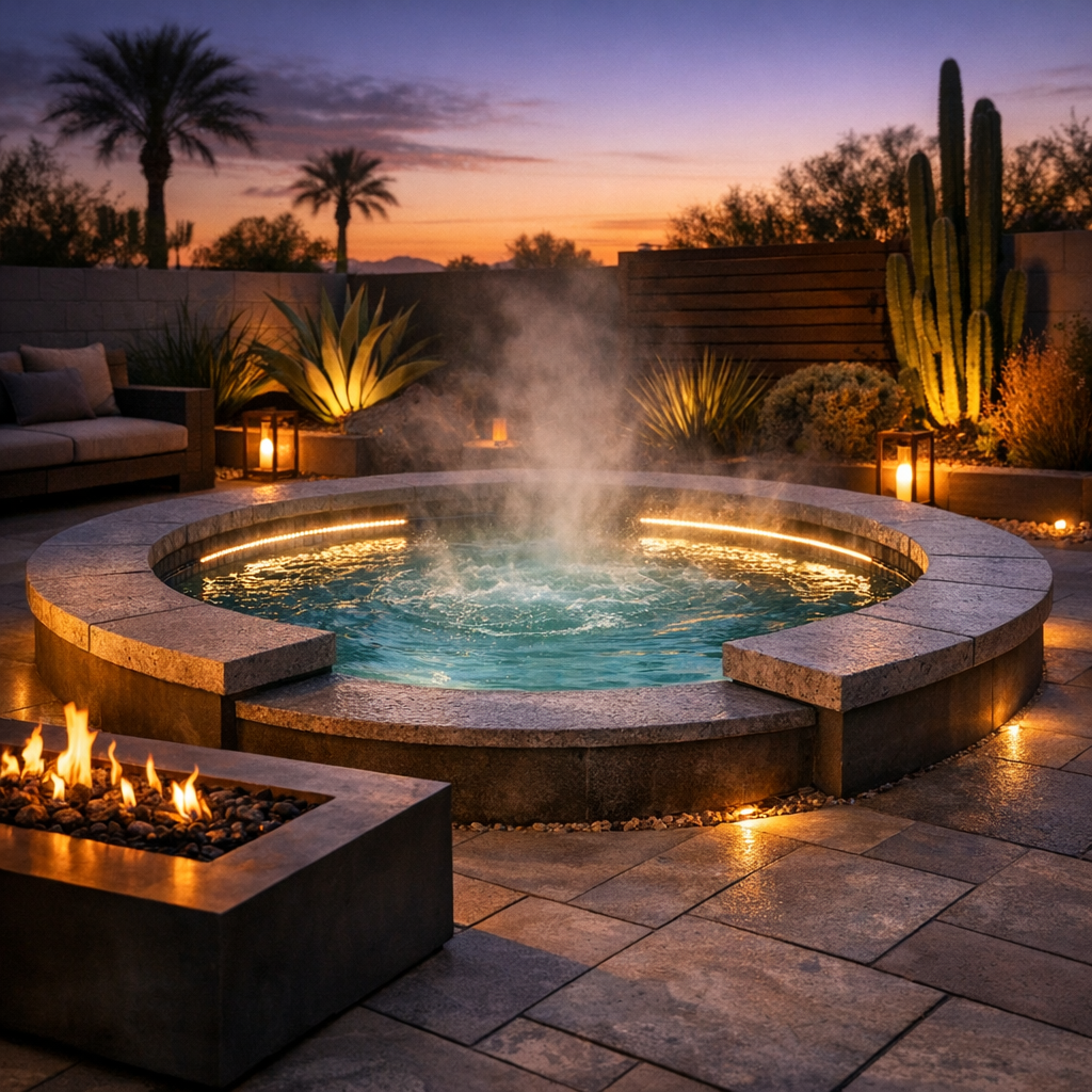 A photorealistic mid-shot of a modern backyard showing a compact spool with steam rising at dusk, integrated LED perimeter...