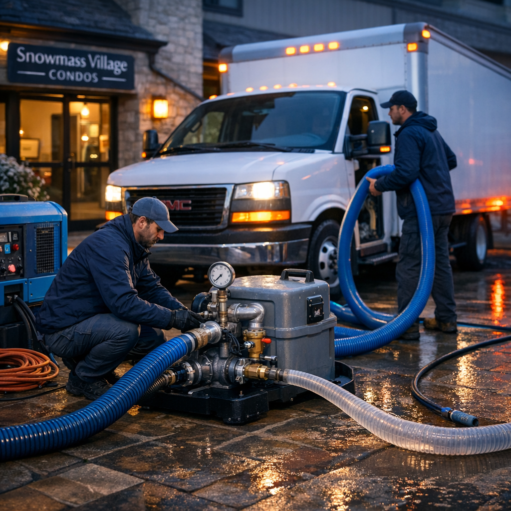 Photorealistic mid-shot of technicians using commercial pumps and a fast truck at a Snowmass Village condo entry, close-up...