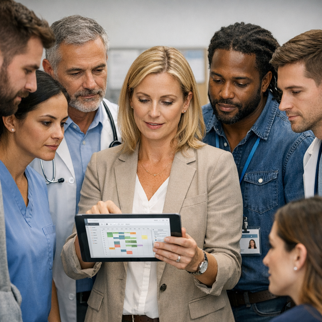 A clean, photorealistic mid-shot of a clinic team huddle with clinicians, a peer specialist, and an operations manager aro...