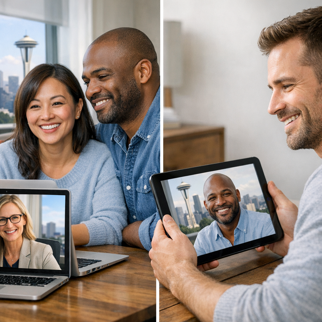 IN-CONTENT - Photorealistic scene of a diverse couple and a single adult each in separate video therapy sessions on a lapt...