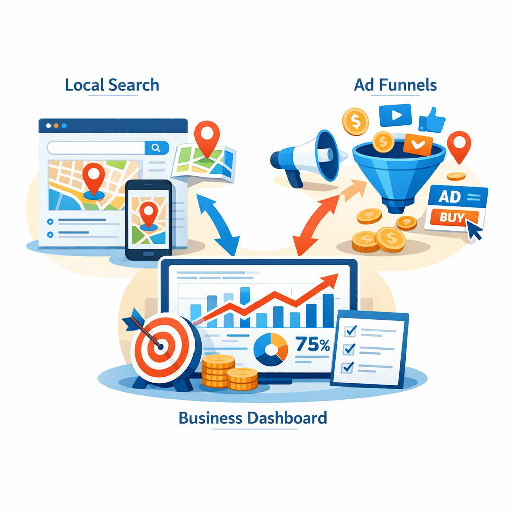 Professional Services Marketing Agency, Scottsdale Experts. 2 A modern isometric illustration of local search and ad funnels feeding into a business dashboard, clean vector style, brig...
