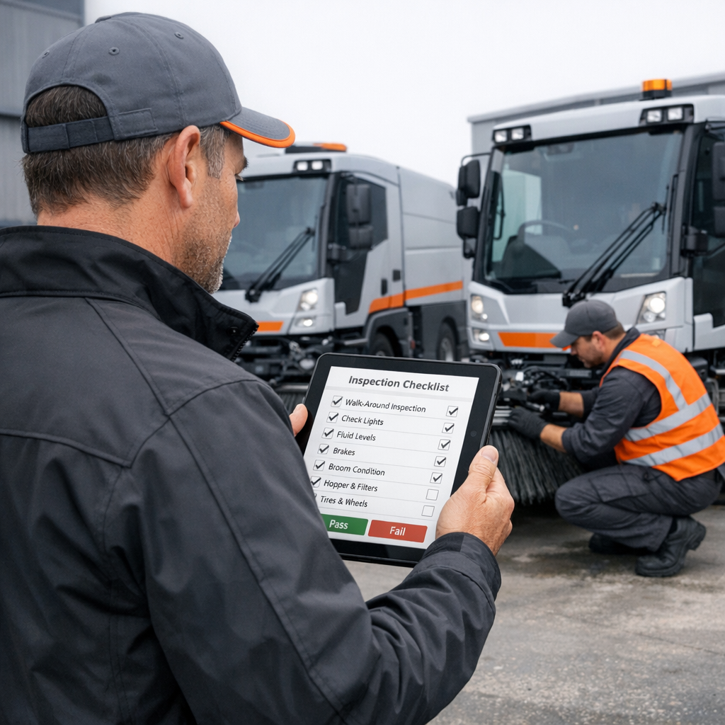 Photorealistic mid-shot of a fleet manager reviewing a tablet inspection checklist next to two municipal sweepers in a mai...