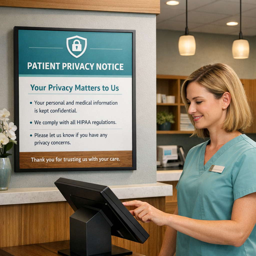 Network System Solutions | HIPAA Compliance Consulting Arizona Small Business Guide 2026 Photorealistic closing image showing a calm small clinic reception area with secure digital signage displaying a privacy n...
