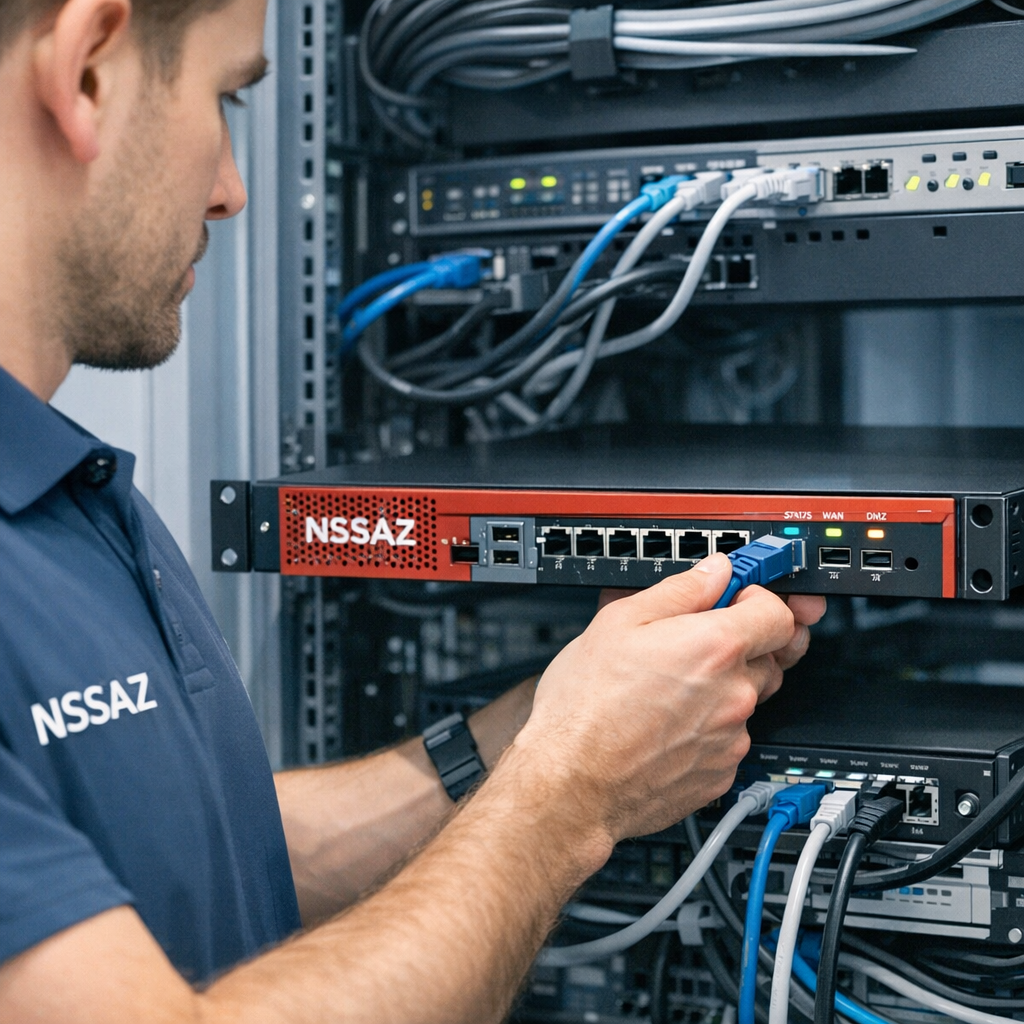 Photorealistic mid-shot of a network technician deploying a secure firewall appliance in a small clinic server room, moder...