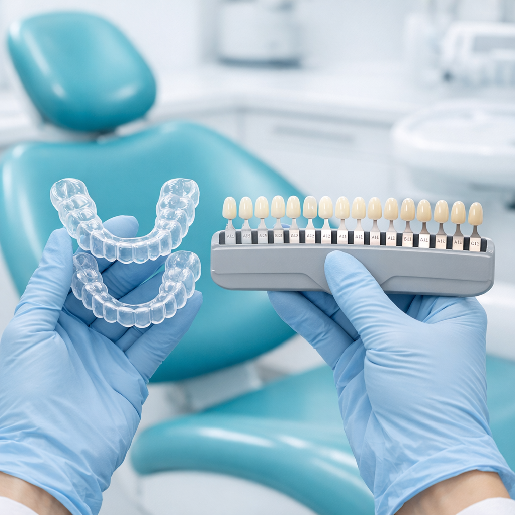 Close-up photorealistic shot of a female dentist's gloved hands holding custom whitening trays and a shade guide next to a...