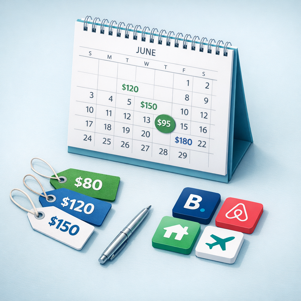 Clean isometric-style photorealistic image of a calendar, price tags, and booking channels on a desk, professional minimal...