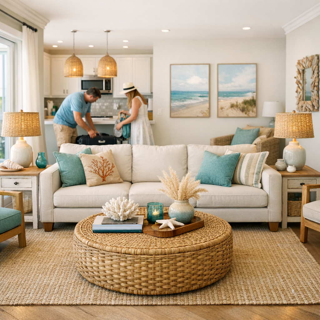 Photorealistic interior shot of a staged vacation rental living room, wide-angle view showing high-end coastal decor, brig...