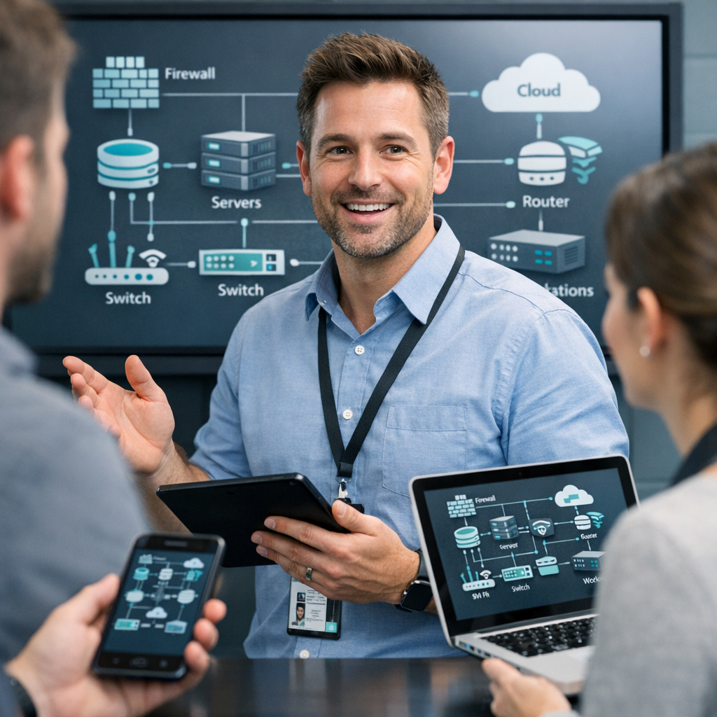 Close-up mid-shot of a friendly technician explaining network diagrams to a small team in a conference room, photorealisti...