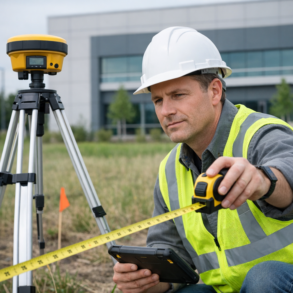 Photorealistic mid-article photo showing a commercial technician measuring a parcel of land for a ground-mount array. The ...