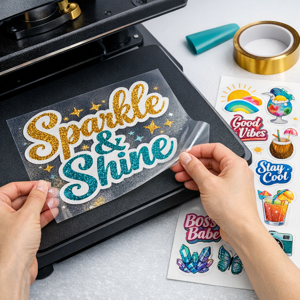 Close-up photorealistic shot of hands placing a DTF transfer on a heat press, showing textured glitter DTF and a UV DTF st...