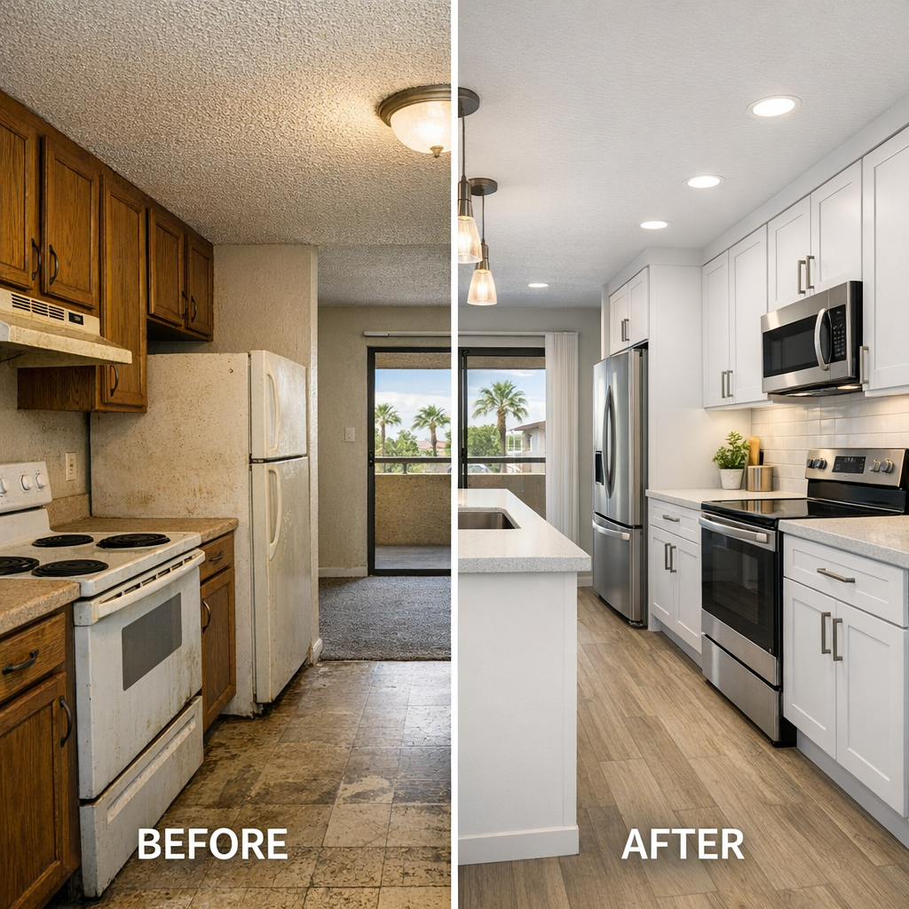 Strategic in-content visual showing a before-and-after split of an apartment unit interior, left side worn finishes and da...
