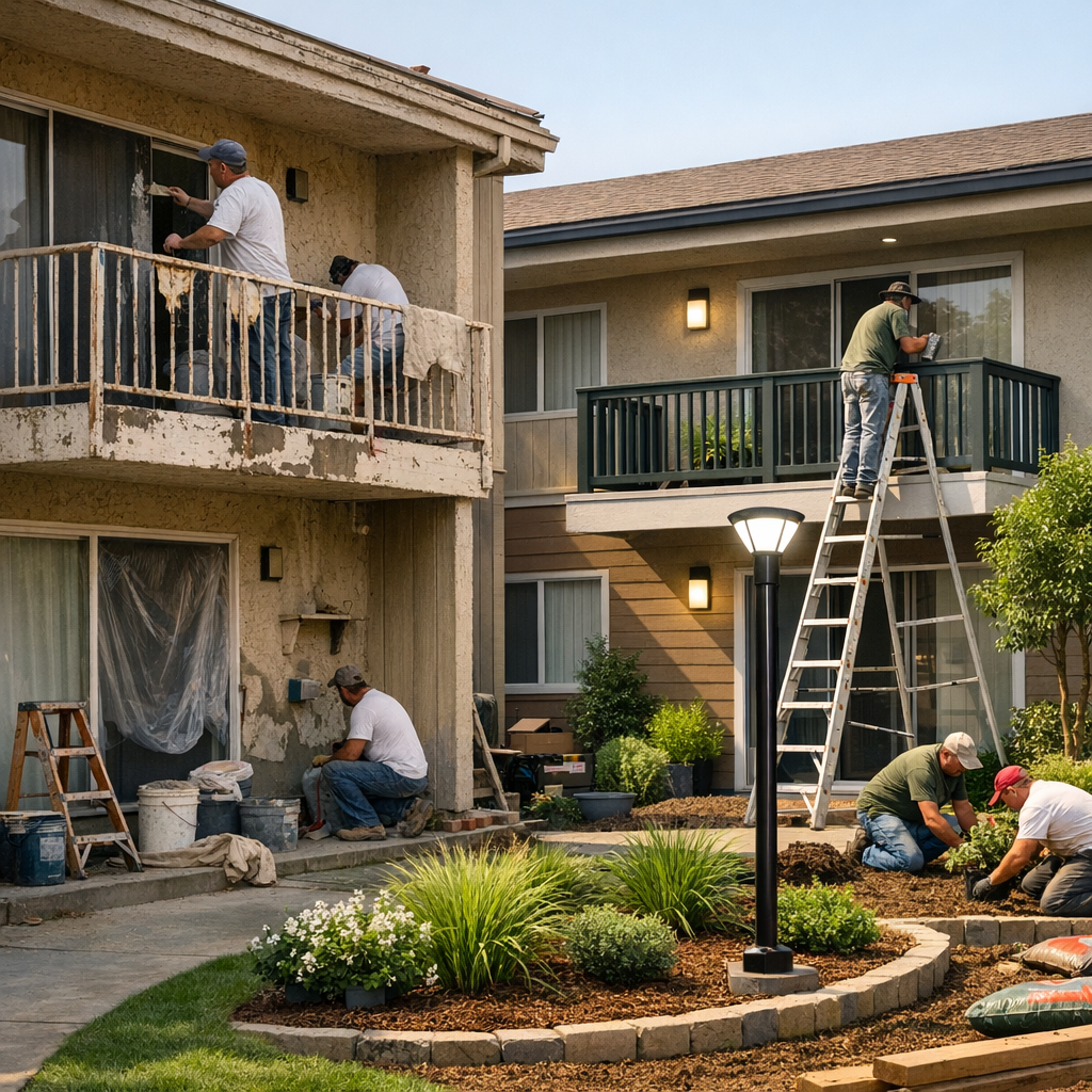 Photorealistic mid-shot of a tired 1980s garden-style apartment complex undergoing renovation, workers repainting balconie...