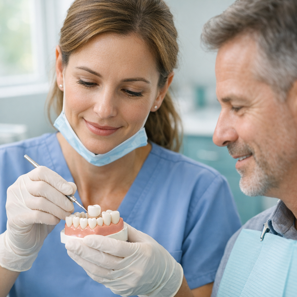 Mid-article photorealistic image showing a female dentist in scrubs preparing a porcelain crown on a model tooth, with an ...