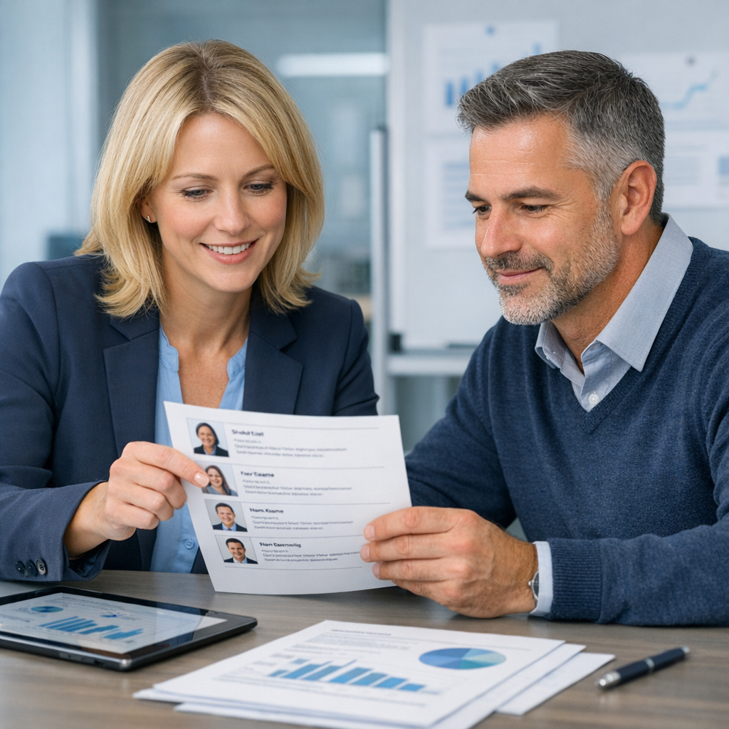 Photorealistic mid-shot of a recruiter and a behavioral health program director reviewing a short-list of candidate profil...