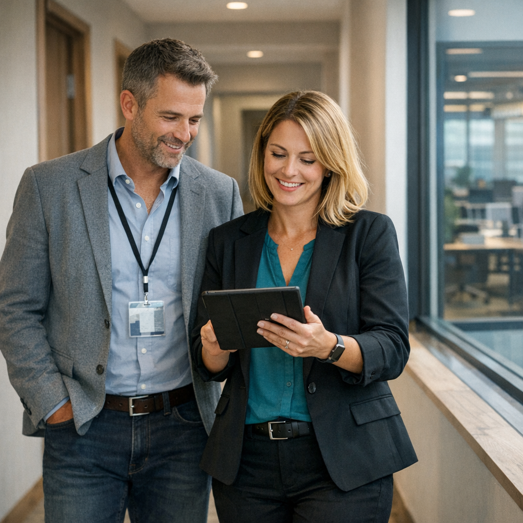 Photorealistic mid-coverage image of a property manager and leasing agent walking an empty apartment corridor while viewin...