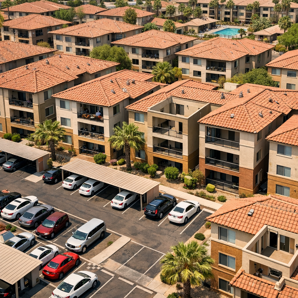 Photorealistic close-up aerial view of a Phoenix multifamily block showing a mix of occupied and vacant units from the roo...