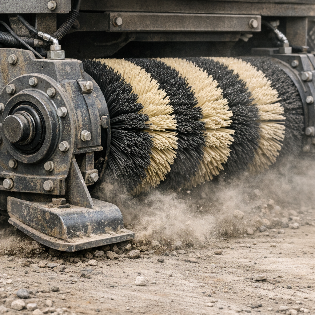 Close-up photorealistic shot of a mechanical broom assembly in action, showing the 60