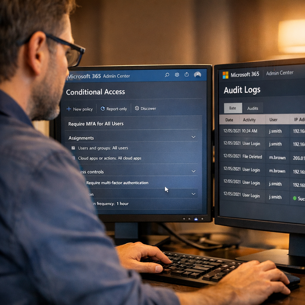 Close-up photorealistic image of an IT specialist configuring Microsoft 365 security settings on a dual-monitor workstatio...