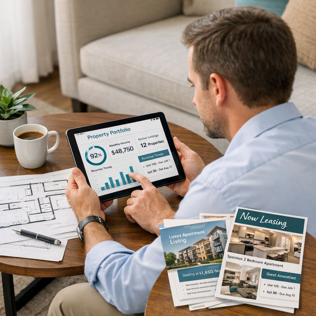 In-content photorealistic image of a property manager reviewing a portfolio dashboard on a tablet at a small coffee table,...