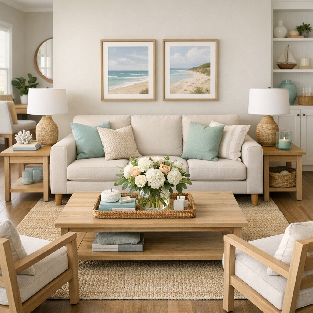 Mid-article photorealistic image of a tidy living room staged for sale, neutral palette with coastal accents, professional...