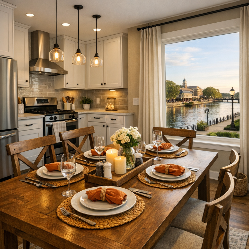 Photorealistic mid-page image of a furnished short-term rental kitchen and dining area, warm natural lighting, wide-angle ...