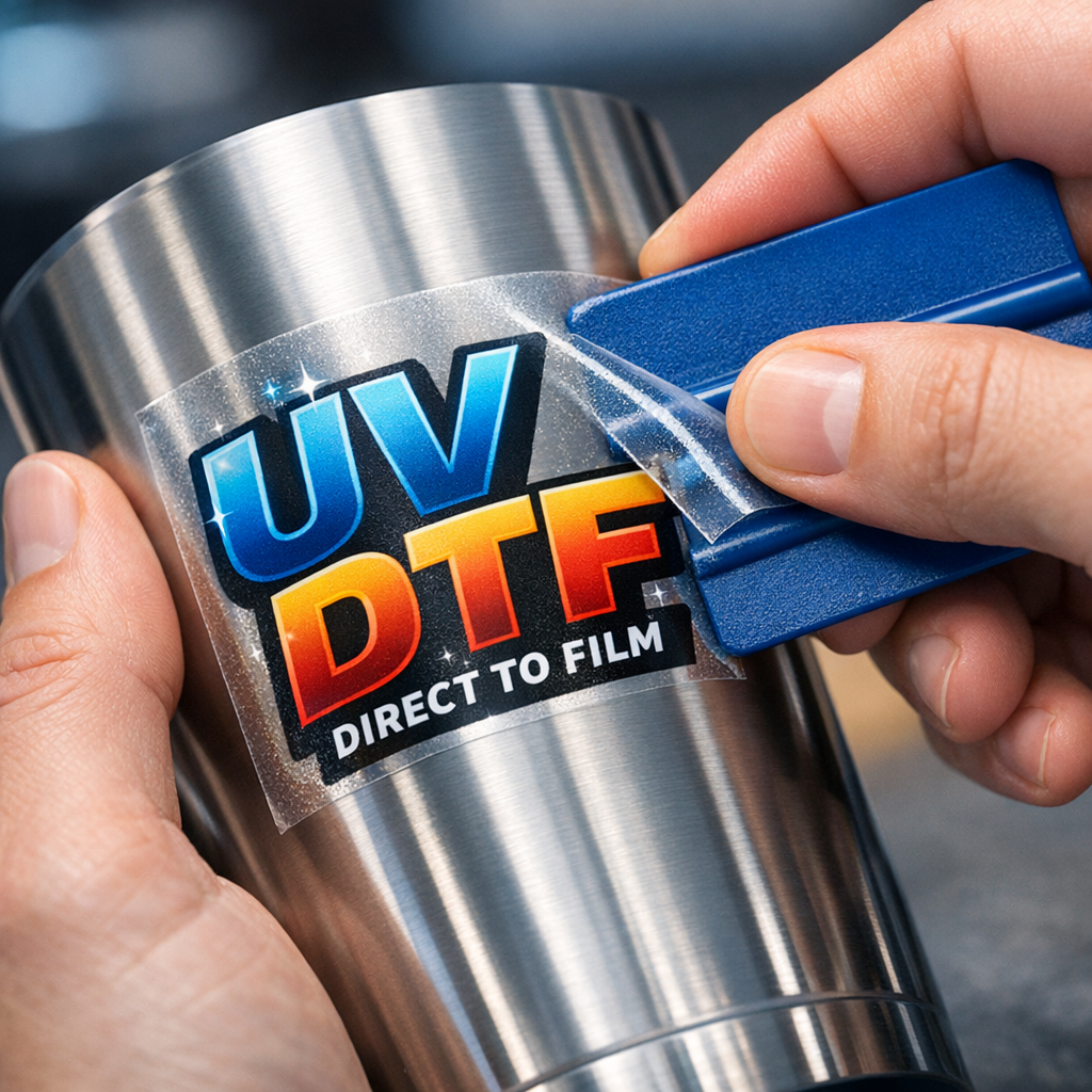 Close-up photorealistic image of a technician applying a UV DTF sticker to a stainless steel tumbler, showing crisp edges ...