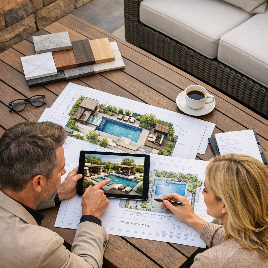 Wide-angle photorealistic image of a designer and homeowner reviewing pool plans on a patio table, tablet showing 3D rende...