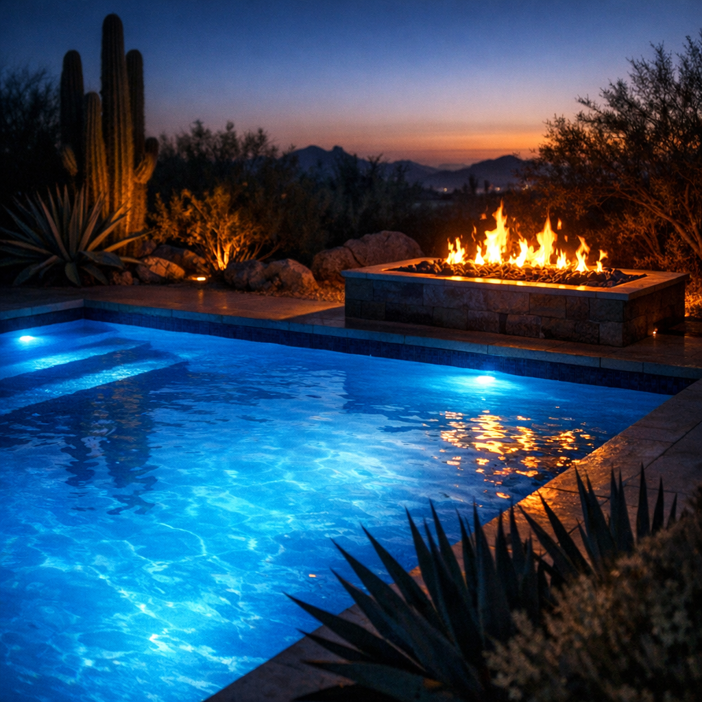 Photorealistic evening scene showing a lit pool with soft blue underwater LEDs, fire feature glowing, and shadowed desert ...