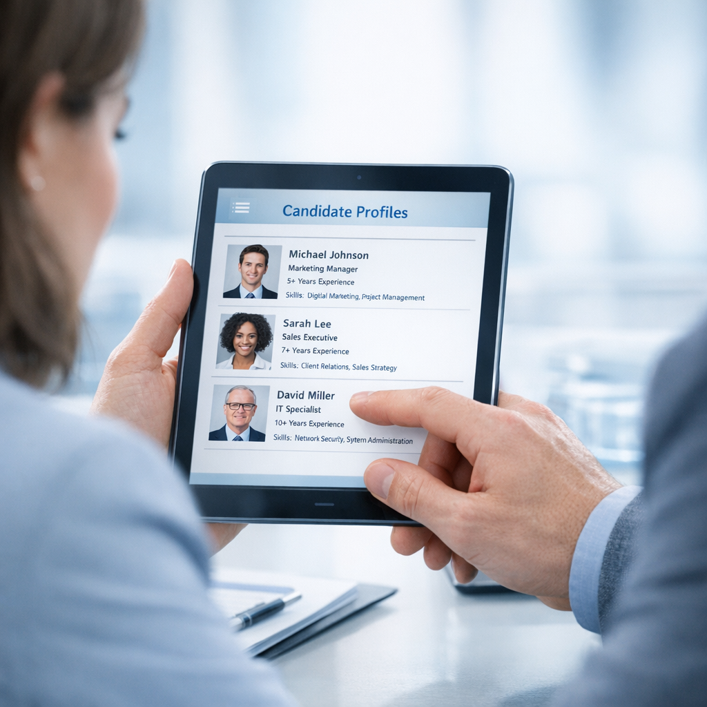 Photorealistic close-up of a recruiter and a hiring manager reviewing candidate profiles on a tablet in a bright office, p...