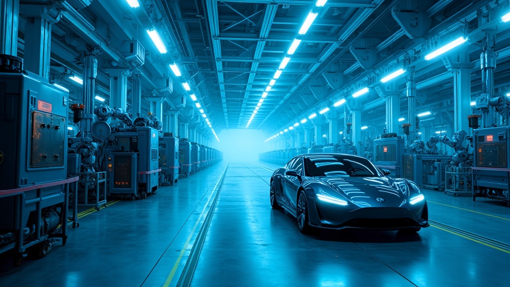 Robot humanoide trabajando en una fábrica oscura de la industria automotriz