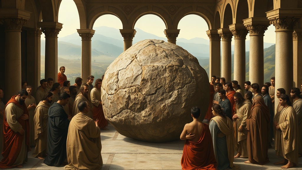 A contemplative allegorical scene of many figures around a rounded stone formed of smaller stones