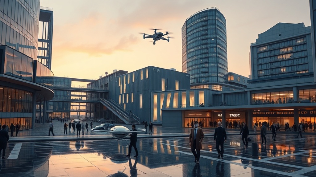 A cinematic urban corporate complex of connected glass towers and wings representing diversified industries