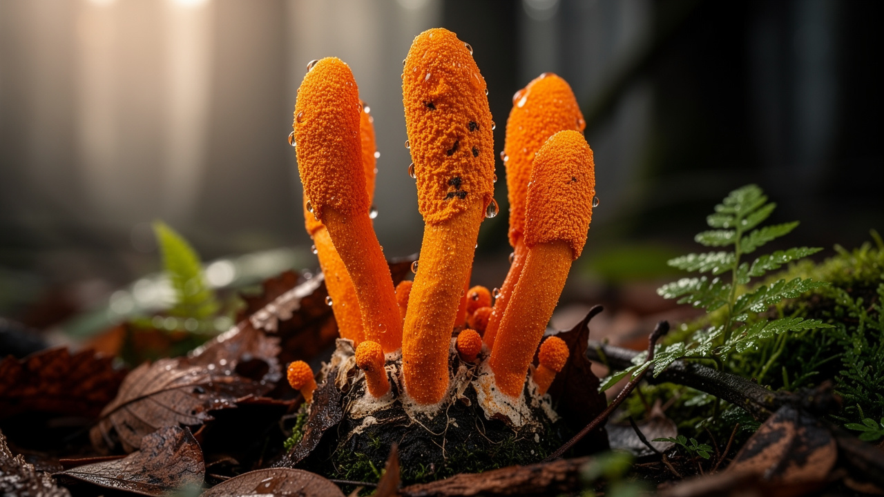Cordyceps mushroom growing naturally in forest environment