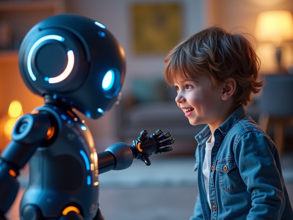 Niño jugando felizmente con el robot educativo LEXIBOOK Powerman Jr.