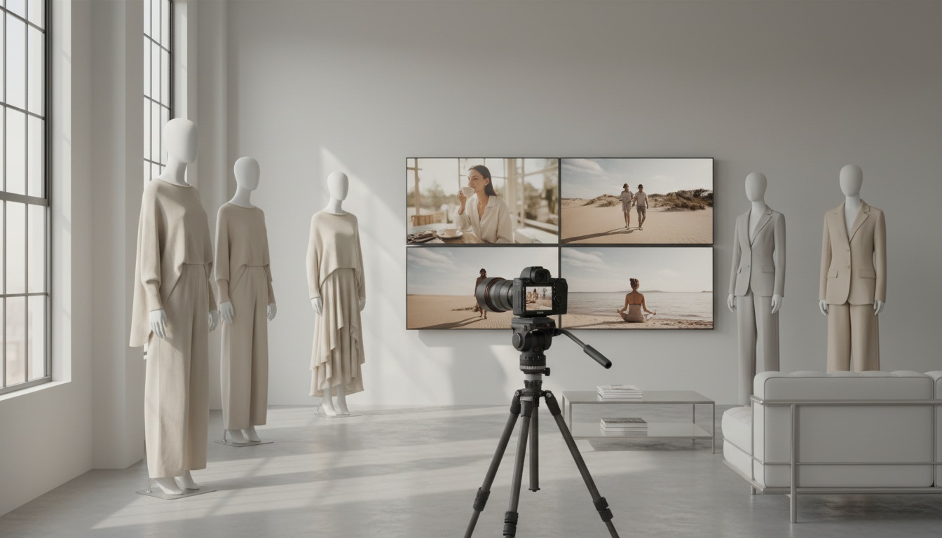 Interface de vídeo interativo com elementos clicáveis para e-commerce fashion