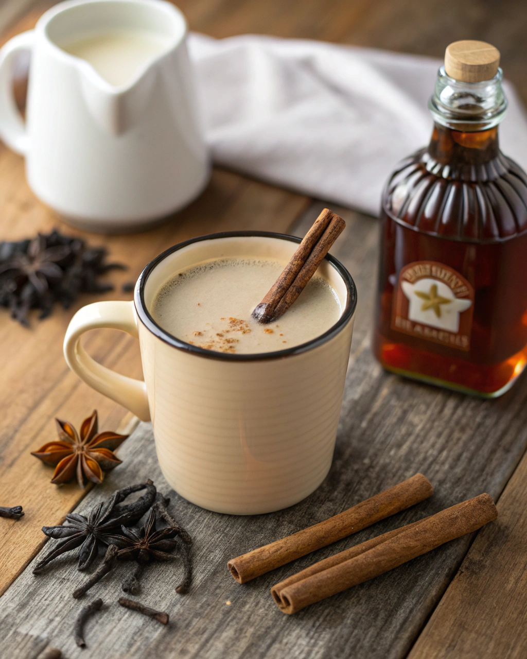 Vanilla cinnamon milk tea ingredients including whole milk, black tea, cinnamon stick, maple syrup and vanilla extract arranged on a white marble countertop