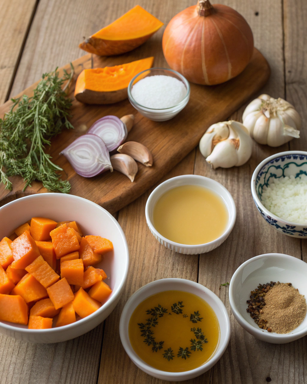 Fresh pumpkin soup ingredients including cubed pumpkin, onions, garlic, and cream arranged on a wooden cutting board