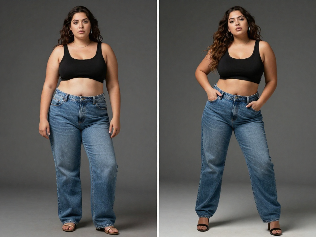 Woman showing weight loss success with loose jeans Woman showing weight loss success with loose jeans