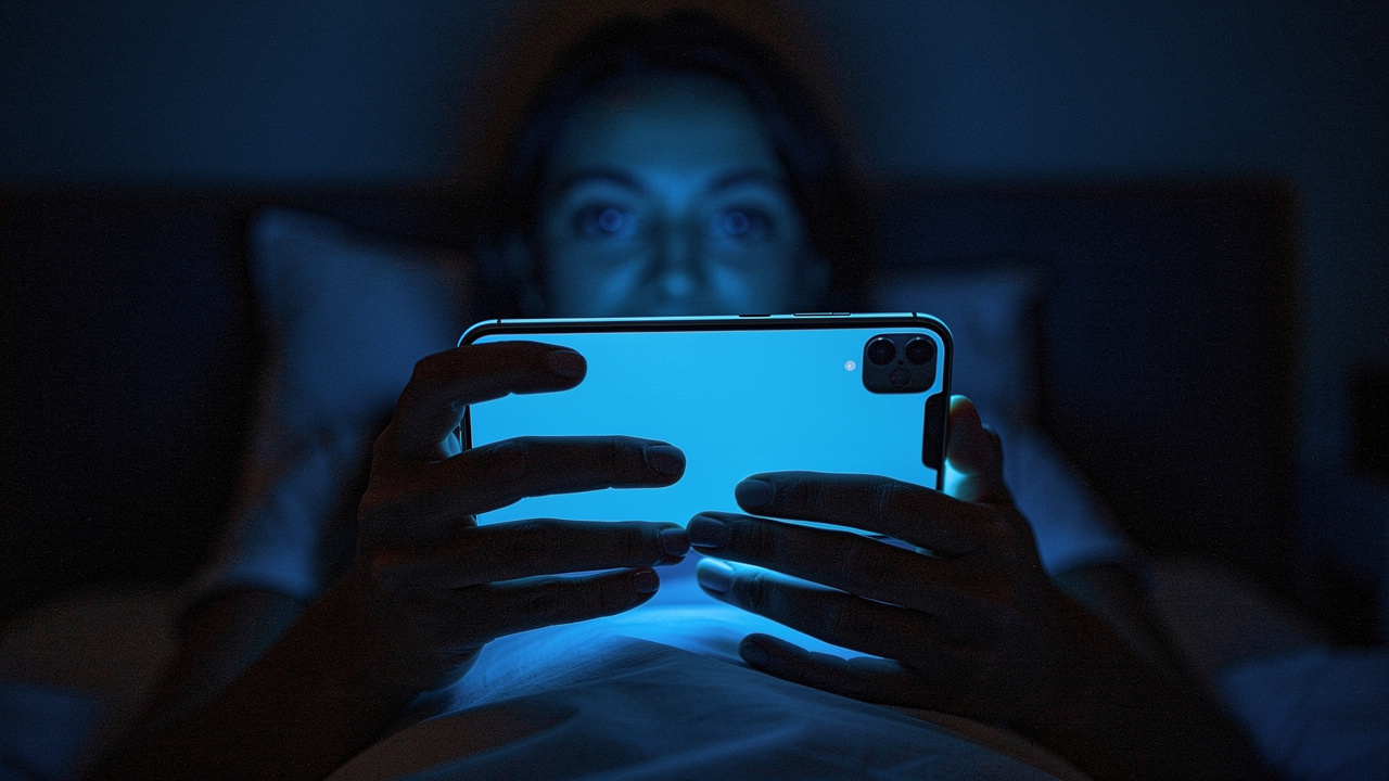 Smartphone emitting blue light in dark bedroom