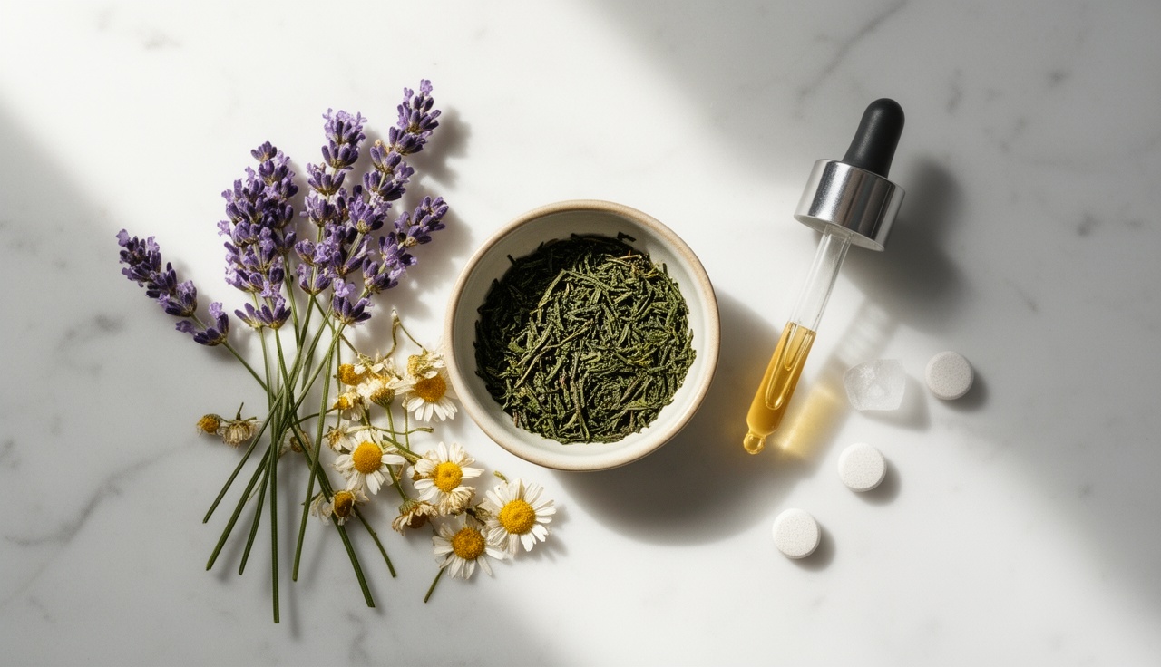 Natural sleep aid ingredients arranged on marble surface