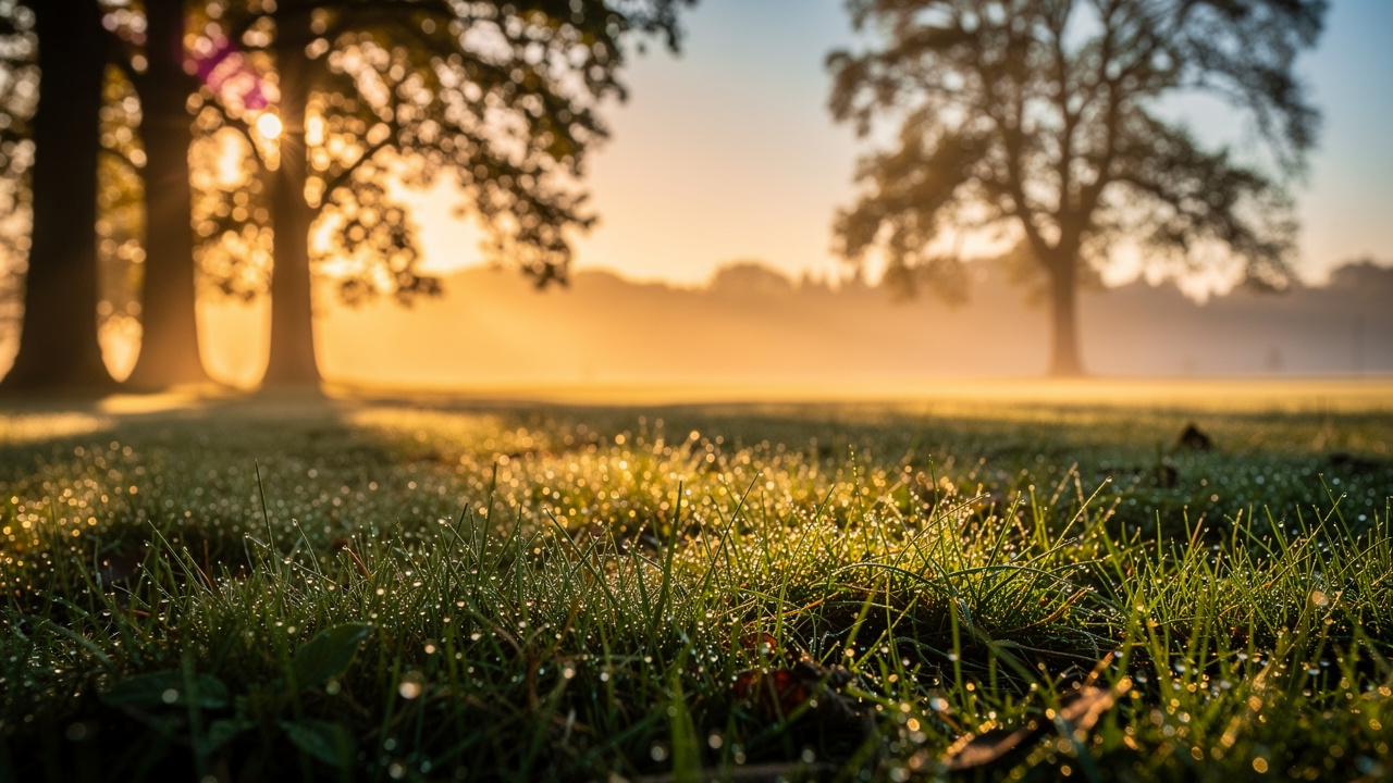 Warm morning sunlight streaming through trees at sunrise