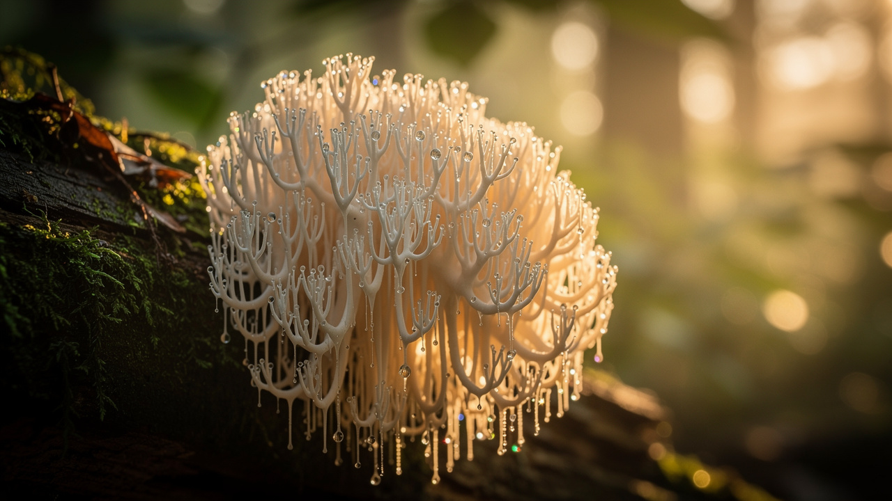 Lion's mane mushroom growing in forest environment
