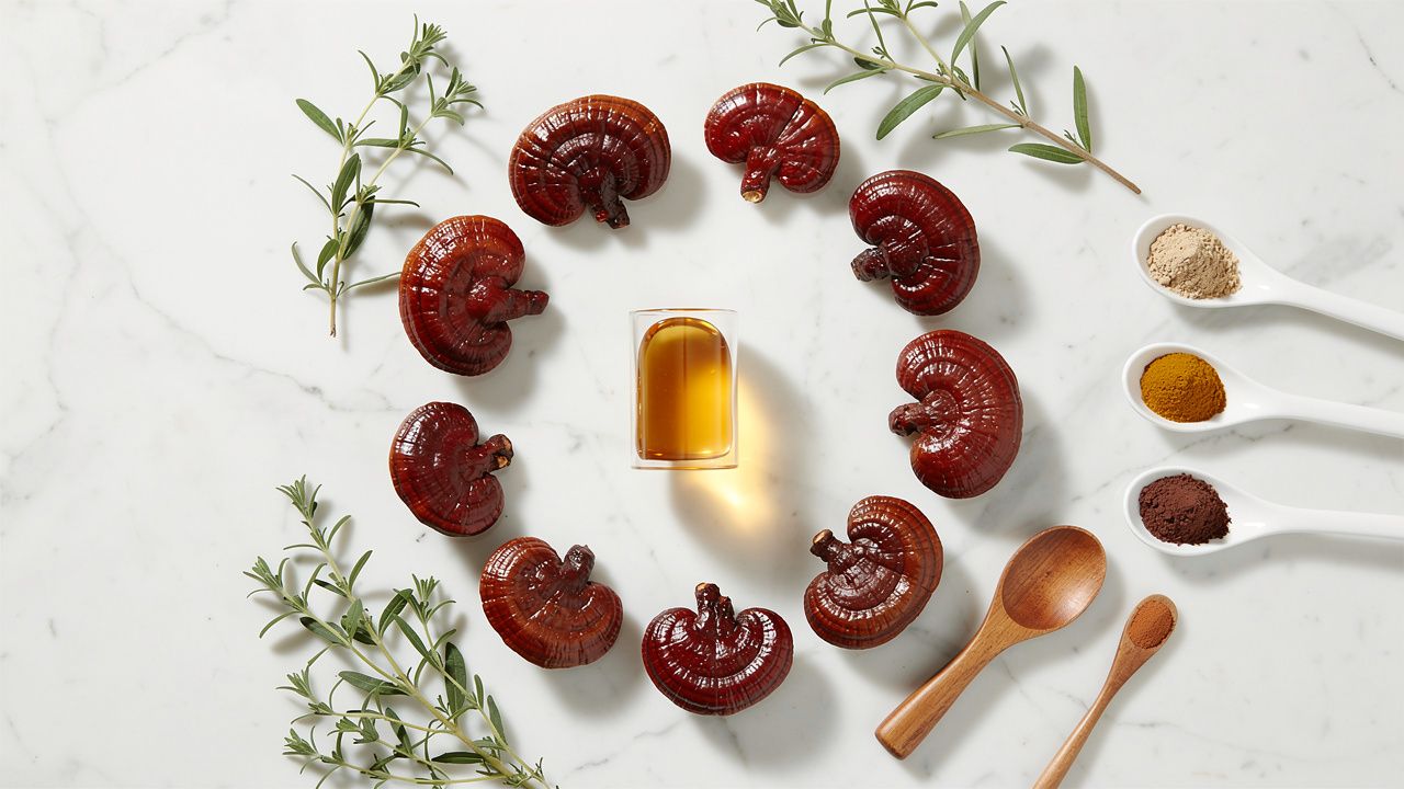Reishi mushrooms arranged with wellness supplements on marble