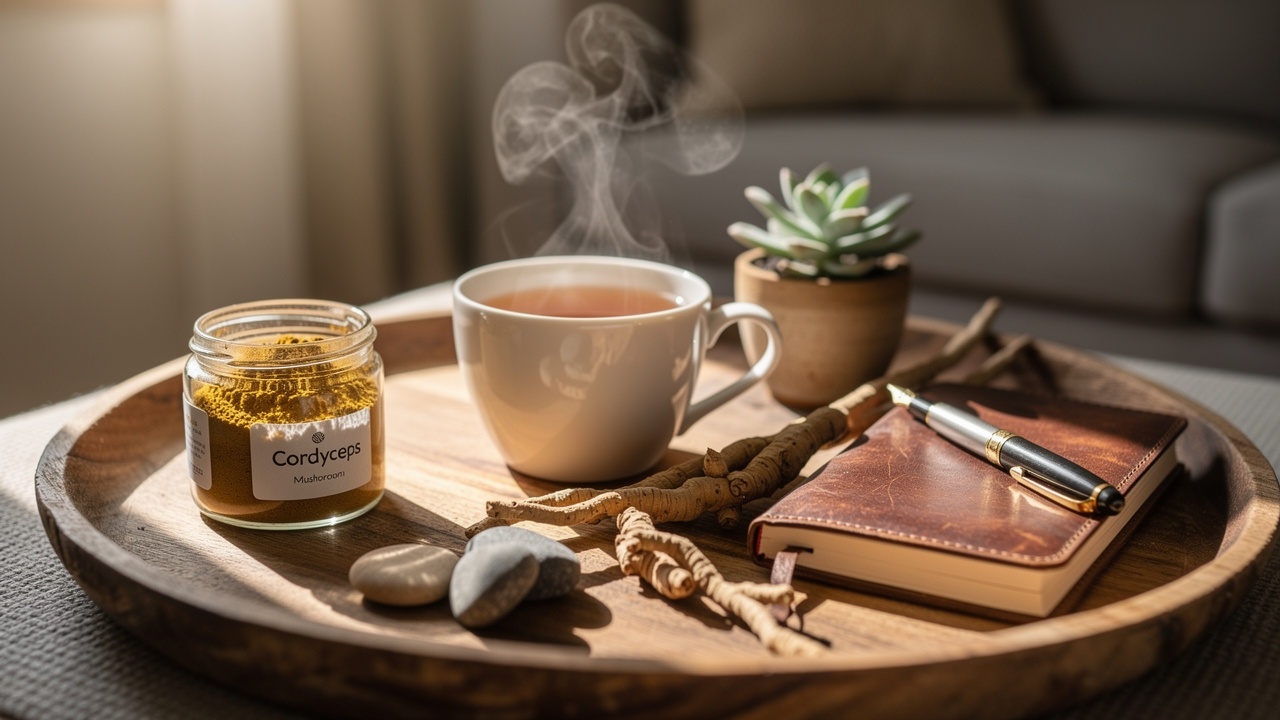 Morning wellness setup with adaptogens and herbal tea
